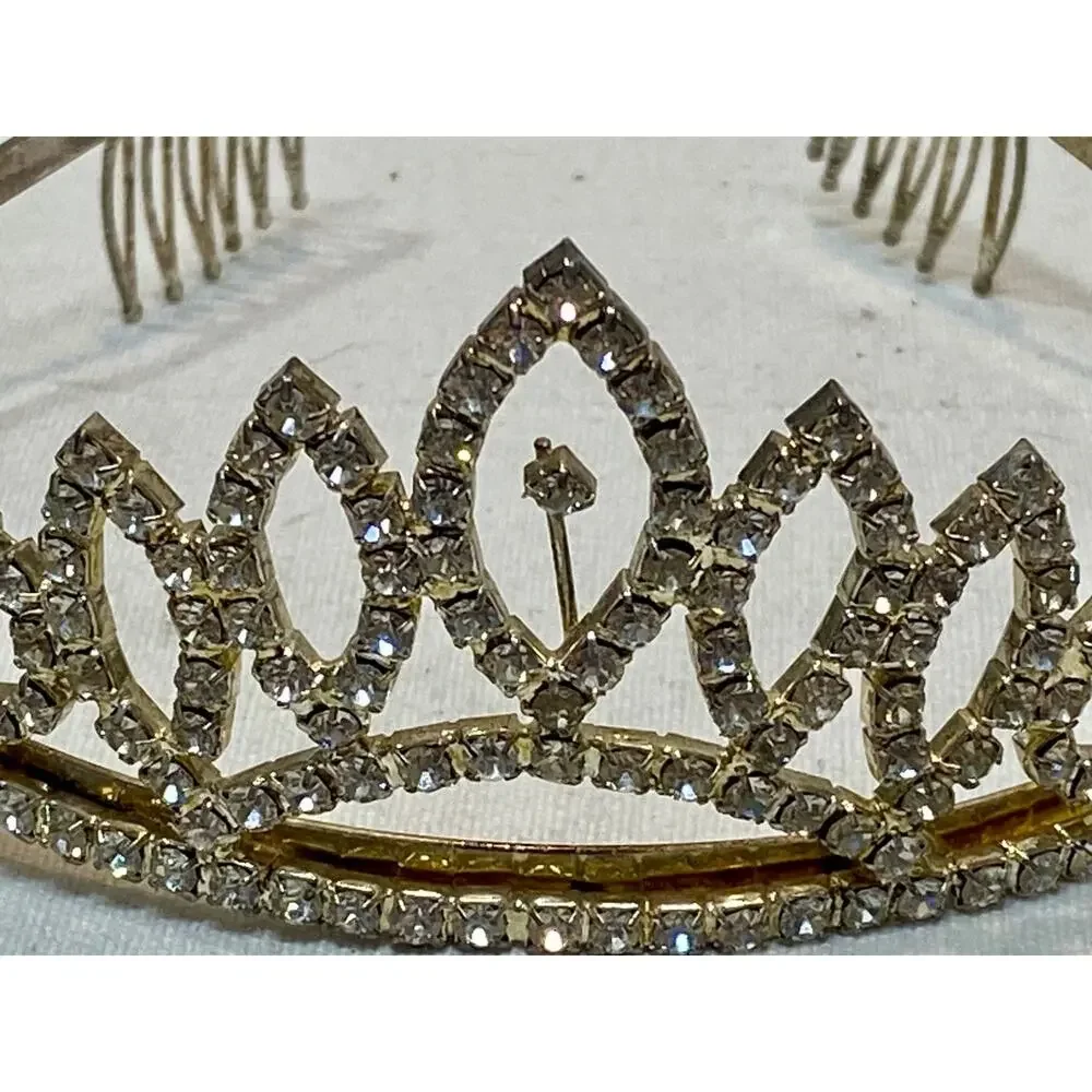 Vintage 1950s Tiara Rhinestones Bridal Pageant Prom Quinceanera Crown GOLDTONE